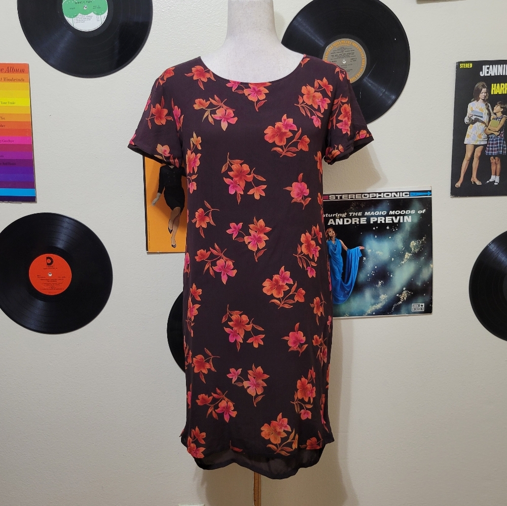Laura Ashley | Brown + Orange & Pink Floral Silk Dress